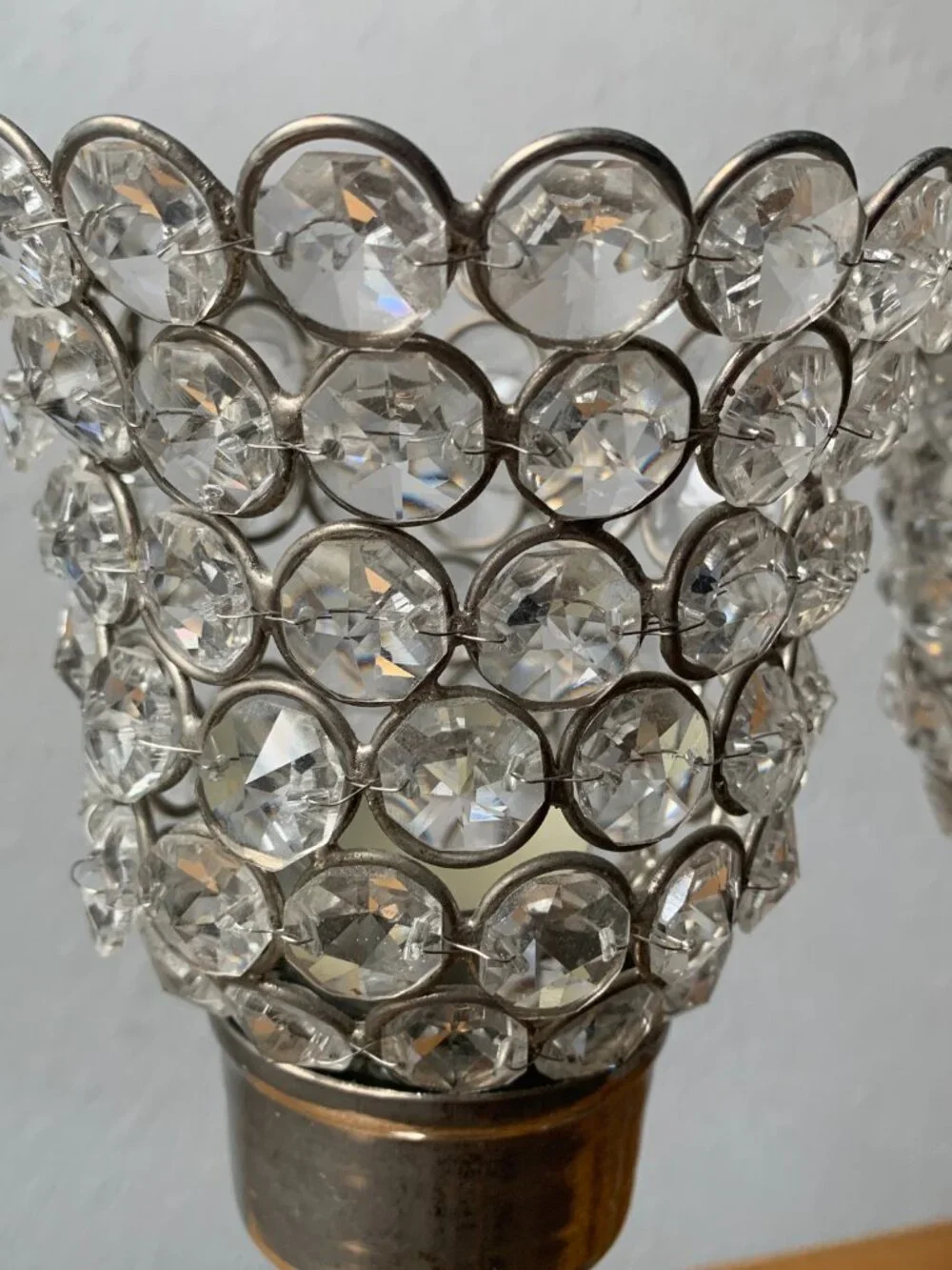 2 Pc Crystal Beaded Candle Holders Silver Tone Metal Pillar Stand Vintage Decor